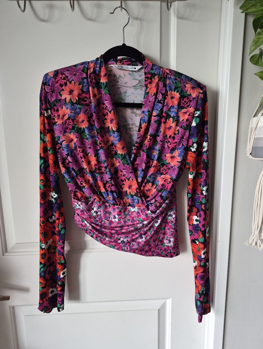 Zara Pink Purple Floral Wrap-Style Long Sleeve Blouse